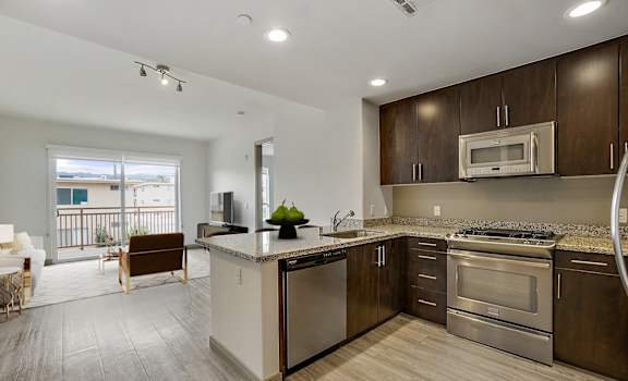 a kitchen with stainless steel appliances and a counter top