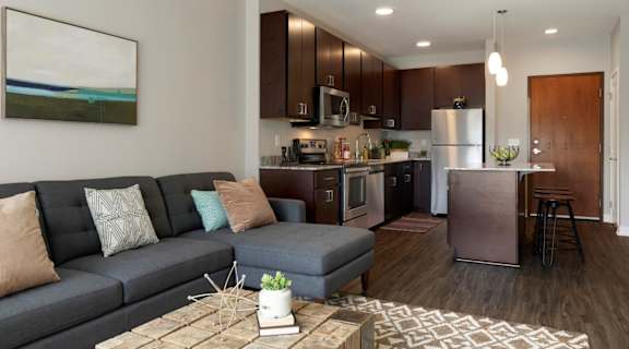 living room and kitchen area at the liberty apartments and townhomes in golden valley minnesota