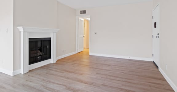 a bedroom with a fireplace and hardwood floors