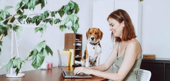 A woman is working on her laptop with her dog sitting beside her.