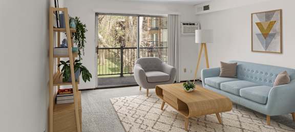 a living room with white walls and a sliding glass door