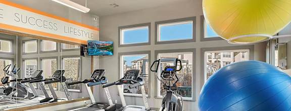 A gym with treadmills, exercise balls, and a sign that says "Success Lifestyle".