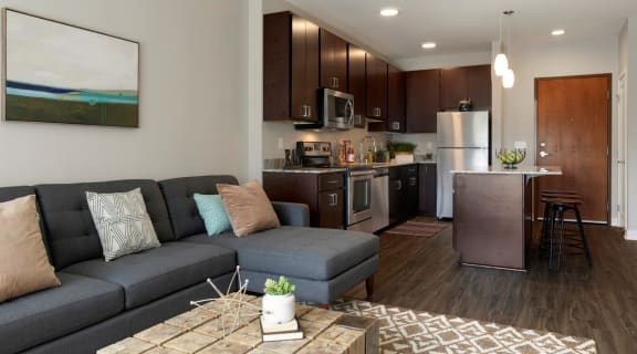 living room and kitchen area at the liberty apartments and townhomes in golden valley minnesota