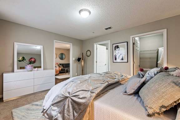 a bedroom with a bed and a closet