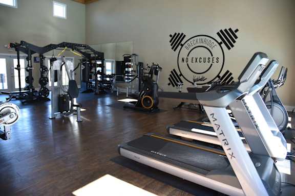 A gym with a variety of equipment including a treadmill, a weight bench and a pull up bar.