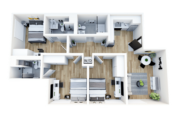 A 3D floor plan of a house with a kitchen, living room, and two bedrooms.