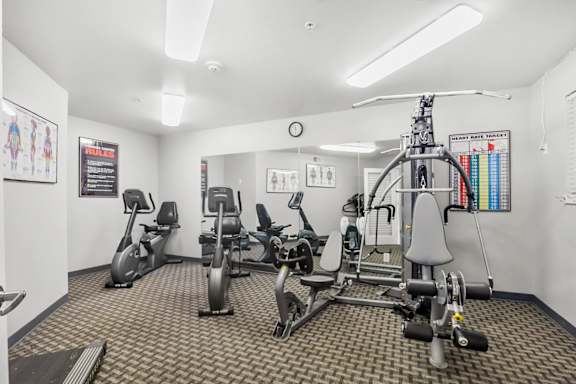 A gym with a variety of exercise equipment.