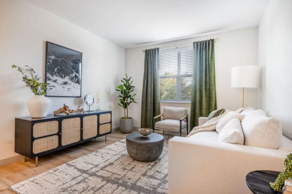 a living room with a white couch and a rug