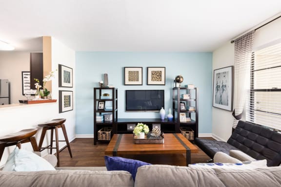 a living room with a couch and a table and a television at Whisper Lake Apartments, Winter Park, 32792