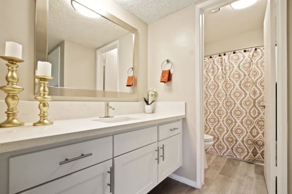Long single vanity area with white quartz counter tops, white cabinet, bathroom on the right
