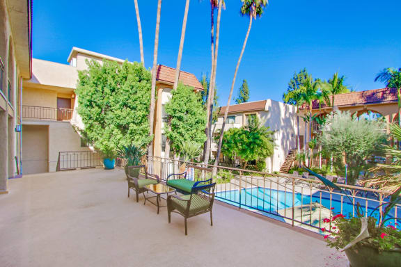 Spacious patio with swimming pool view