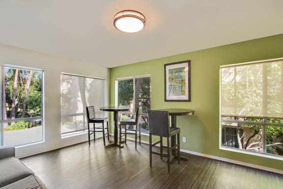 Reading room with beautiful view, wood-style flooring