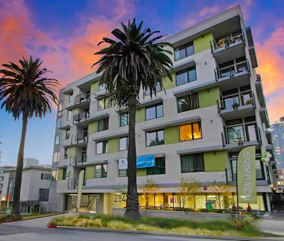 a building with two palm trees in front of it at sunset