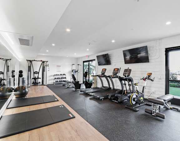 a gym with treadmills and weights and a tv on the wall