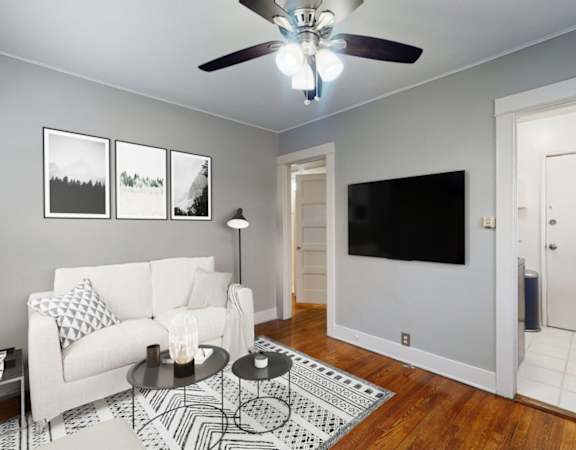 A living room with a white couch and a black and white rug.