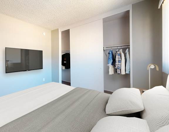 A bedroom with a bed, a TV, and a closet.