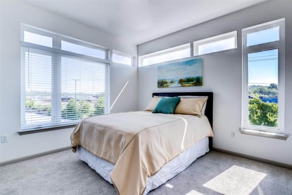 a bedroom with a bed and three windows at East 51 At Rocketts Landing, Richmond, 23231