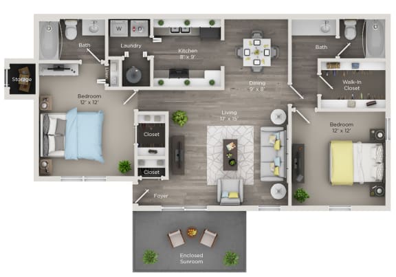 A floor plan of a two-bedroom apartment with a living room, kitchen, dining room, bathroom, and balcony. at Edgemont Apartments, PRG Real Estate, Greenville, 29615