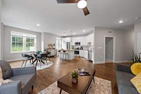 a living room with a couch and a table