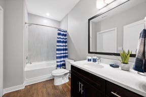 a bathroom with a shower toilet and sink and a mirror