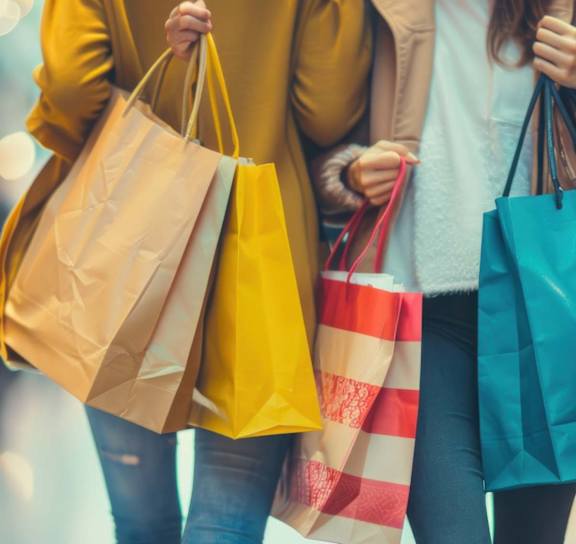 Two people holding shopping bags in a mall.