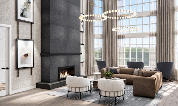 A modern living room with a fireplace and a large window.