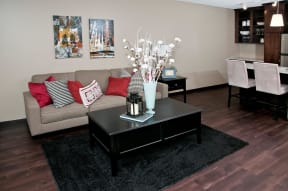 Deep Brown Hardwood Floors in Spacious Living Room in apartment in Minneapolis, MN