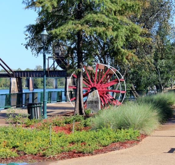 a path through the park with a water wheel in the middle