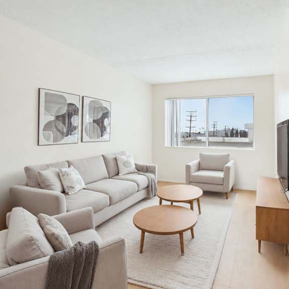 A living room with a grey couch, a wooden coffee table, and a television.