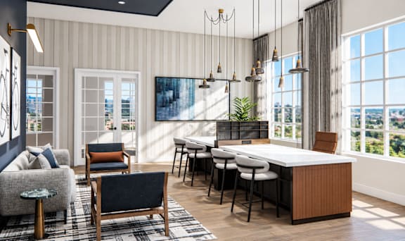 A modern living room with a large window overlooking the city.