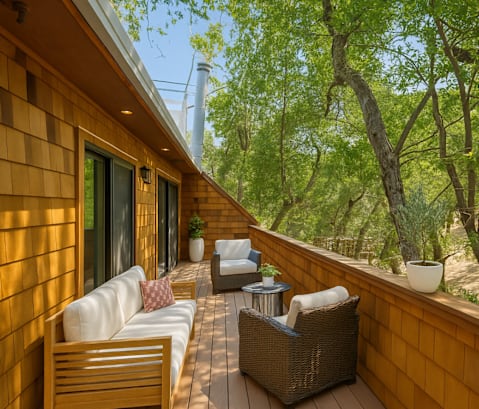 A wooden deck with a white couch and a wicker chair.