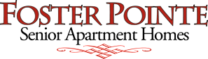 A black and white image of a logo for Foster Pointe Senior Apartment Homes.