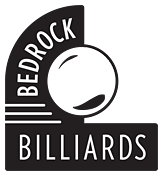 A logo for Bedrock Billiards featuring a billiard ball and text.
