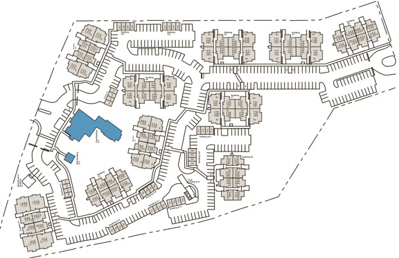 A map of a complex with buildings and a pond.