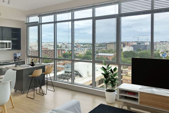 A modern living room with a view of the cityscape outside the large windows. at Lex and Leo at Waterfront Station, Washington, District of Columbia