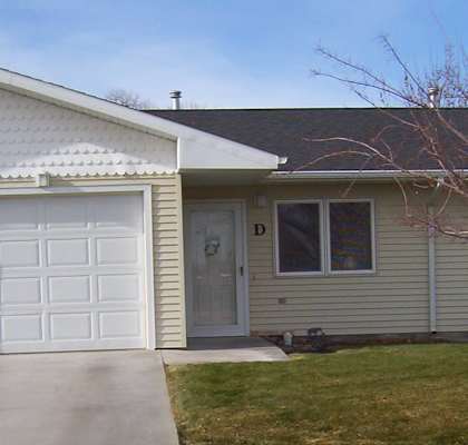 A house with a white garage door and a brown tree in front.