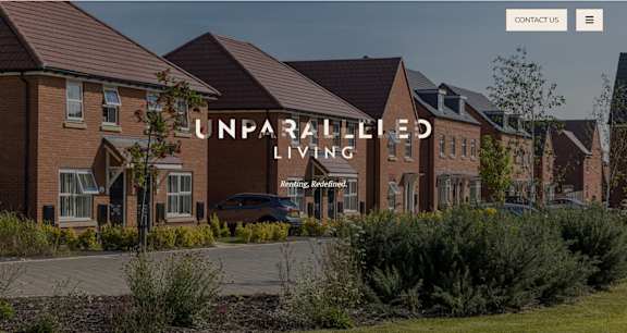 A website header for Unparalleled Living with a background image of a residential area.