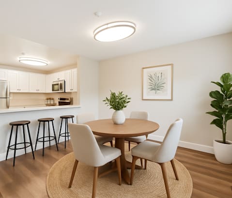 A kitchen with a bar and a dining table with chairs.