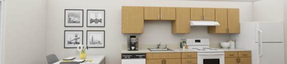 A kitchen with a white fridge and a white stove top oven.