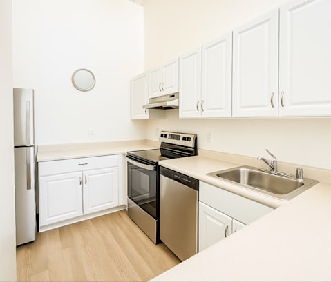 A kitchen with white cabinets and a black dishwasher.