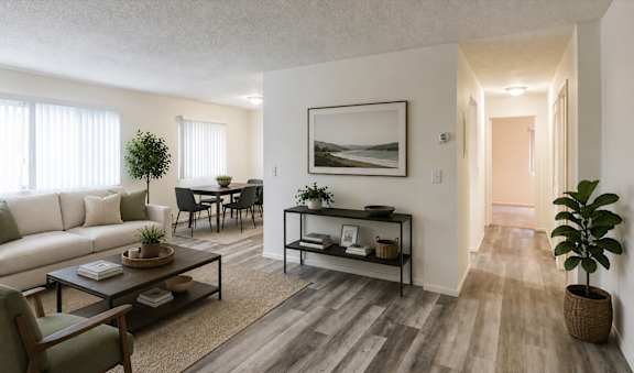 A living room with a white couch, a coffee table, and a painting on the wall.