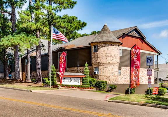 a building with flags in front of it on the side of a street