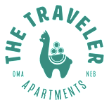 A black background with a green llama and the words "The Traveler Apartments" written in green.