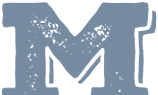 A blue letter M on a white background.