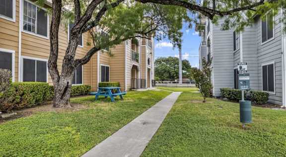 A tree with a blue bench in front of a building.