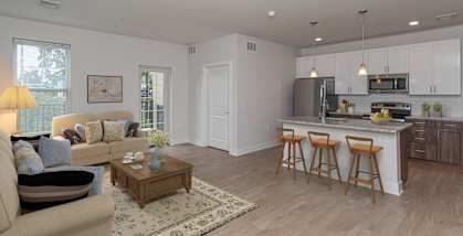 A well-lit, modern kitchen with a breakfast bar and a living room area with a sofa and coffee table.