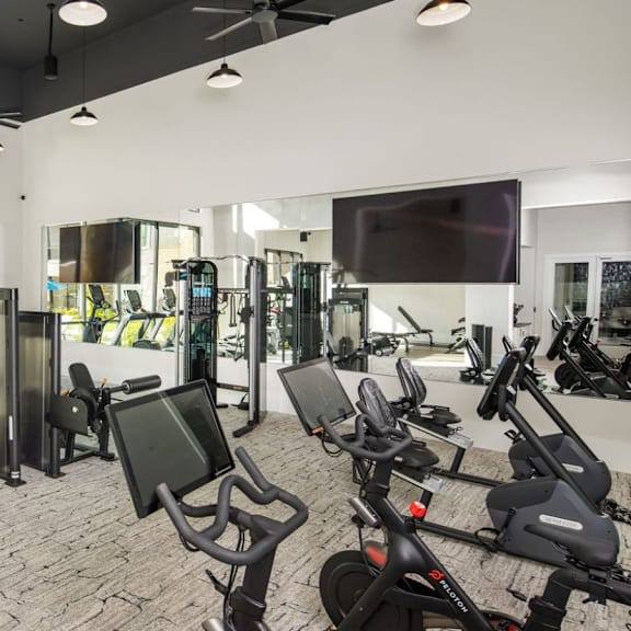A gym with a variety of exercise equipment including treadmills, stationary bikes, and weight machines.