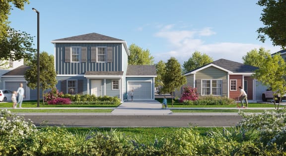 Rendering of Outpost Orchard with houses and people walking.