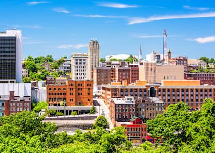 a view of the city of providence with trees and buildings