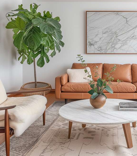 A living room with a brown sofa, a white coffee table, and a green plant.